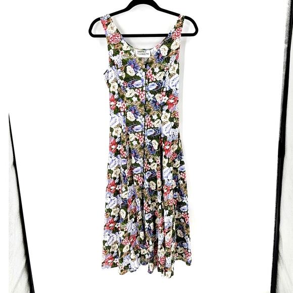 Vintage Nicole Elizabeth floral midi lace up back tie dress 80s 90s size M - Picture 1 of 8